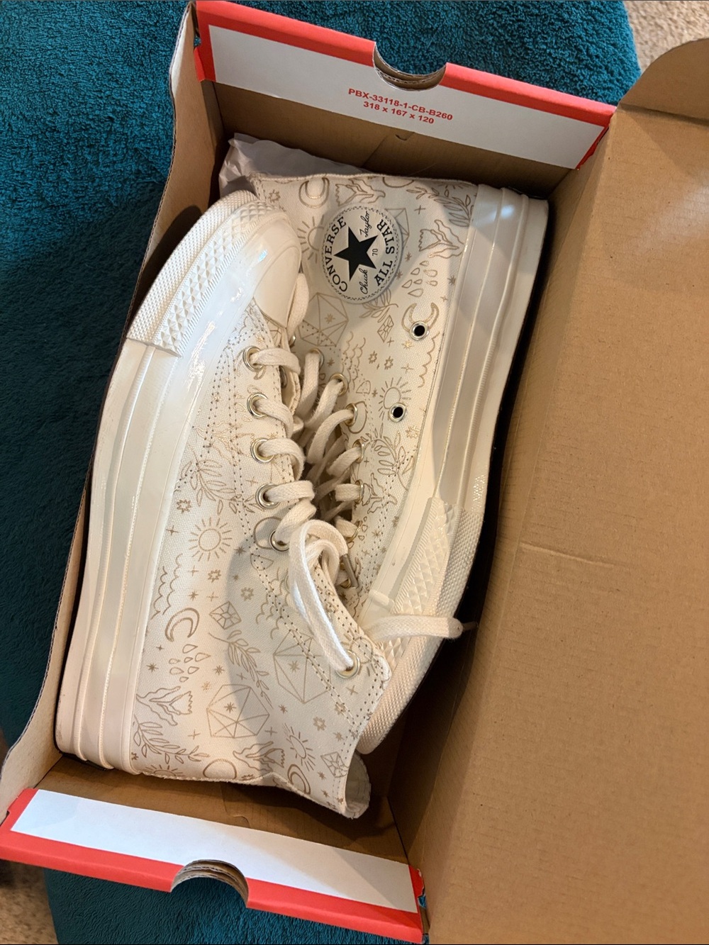 Converse Women’s White High Top Sneakers with Gold Celestial Print